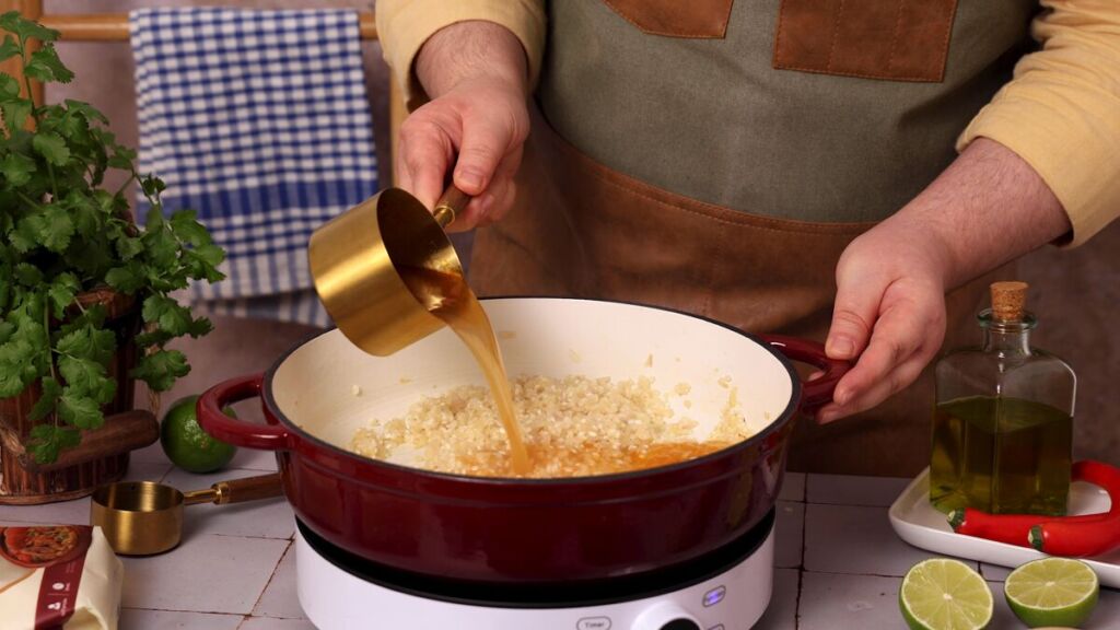 Junte o caldo de camarão quente, 600ml no total, pouco a pouco, como se estivesse a fazer um risotto.